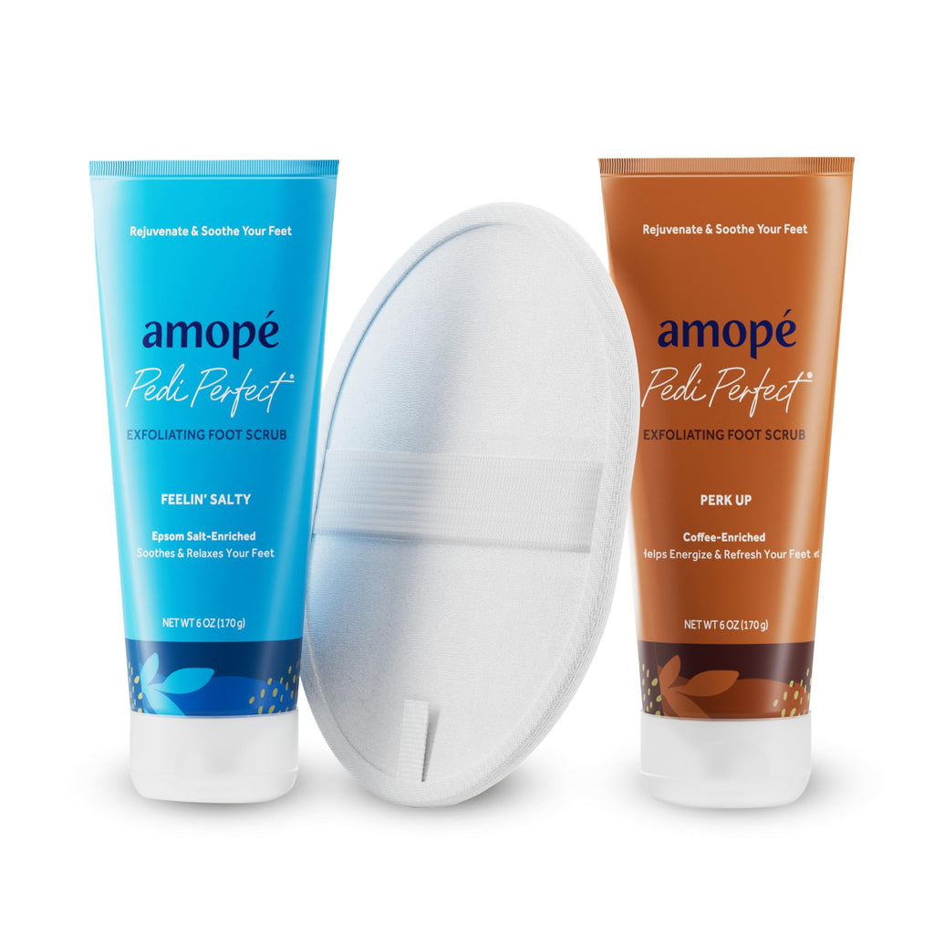 Amopé Rejuvenating Kit - Contains Exfoliating Sugar Foot Scrubs with Epsom Salt, Coffee and a Nourishing Blend of Moisturizers to Rejuvenate, Smooth, Soothe & Relax your Feet, with Foot & Leg Scrubber