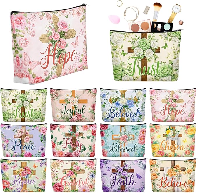 Sweetude 12 Pcs Christian Makeup Bags Bulk Religious Flower Cross Portable Travel Cosmetic Bags with Zipper Cross Waterproof Roomy Travel Toiletry Organizer Storage Beauty Pouch for Women Gifts
