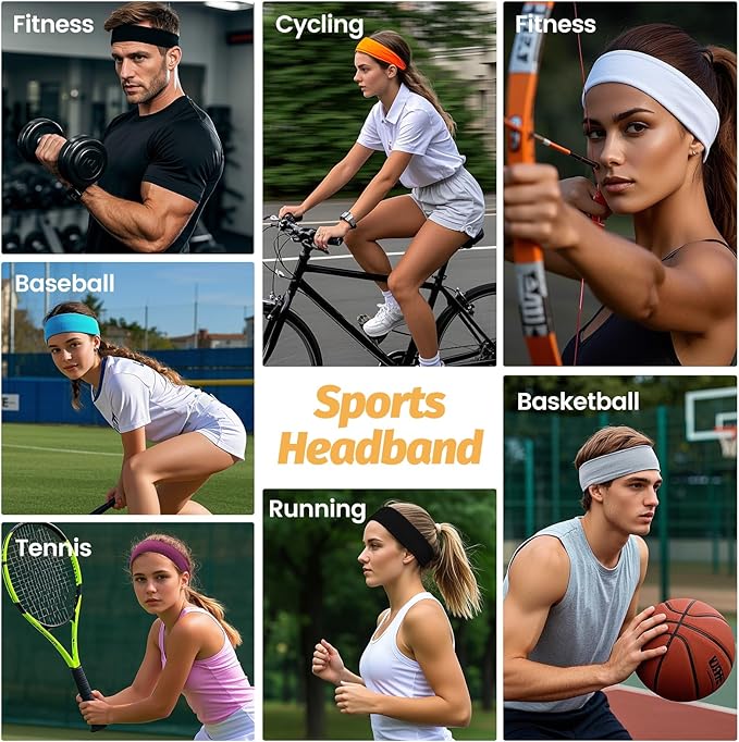 HSEM Headbands for Women - 6 Pack Wide Elastic Hairbands | Ultra-Soft Moisture Wicking Sports Headband | Non-Slip Accessories Bands for Fashion (Orange Blue Grey White RoseRed Black)