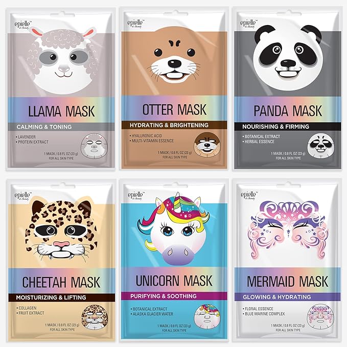 Epielle Character Face Mask Mystical Safari 6 Pack, Fun & Effective Korean Skin Care, Spa Party Favors, Birthday Gifts for Women, Self Care Gifts