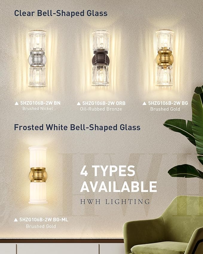 Gold Wall Sconces, HWH Single Wall Vanity Light Fixture for Bathroom Living Room Bedroom, Bathroom Wall Sconces with Bell-Shaped Clear Glass, Gold Finish, 5HZG106B-2W BG