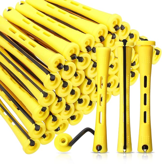 WILLBOND 60 Pcs Short Perm Rods Natural Hair Perm Rods with Elastic Rubber Band Non Slip Plastic Perming Cold Wave Kit for Women Hairdressing Styling Tool(0.28 Inch,Yellow)