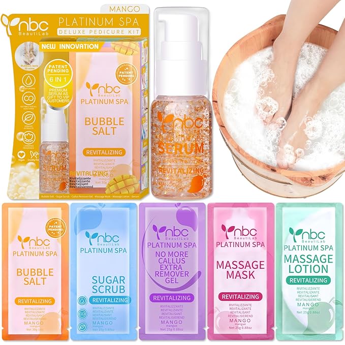 nbc BeautiLab Pedicure Kit Foot Soak Set: Bubble Salt, Sugar Scrub, Massage Mask, Massage Lotion in a Box, 4 Step Foot Spa Kit for Dry Feet, Softens Calluses, Soothes Sore and Tired Feet (Mango)