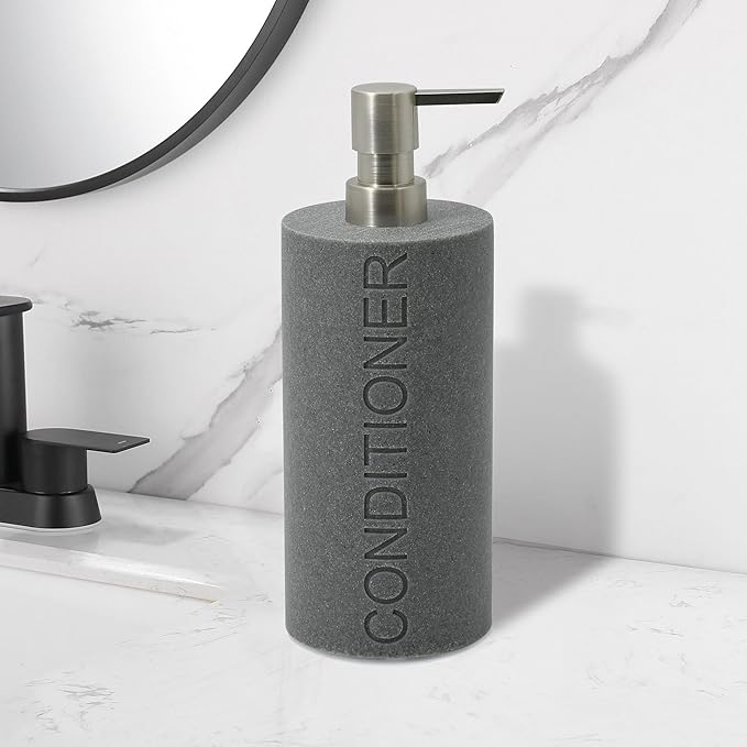 Indecor Home Resin Neutral Gray Sandstone Conditioner Engraved Bottle Refillable Pump Dispenser, Durable Waterproof Resin Construction for Bath, Shower - Gray Sandstone Satin Nickel Pump