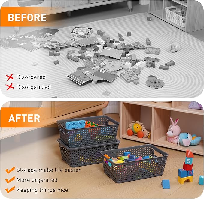 Anywish Plastic Storage Baskets With Lid, Storage Bins for Organizing, Stackable Decorative Containers for Shelves Drawers Desktop Closet Playroom Classroom Office,10 Pack-Grey