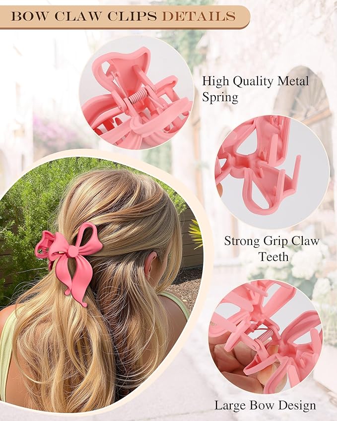 4 PCS Bow Hair Clips Bow Claw Clip for Women, Large Hair Claw Clips for Thin Thick Long Hair Cute Nonslip Bows(Cute Pink Series)