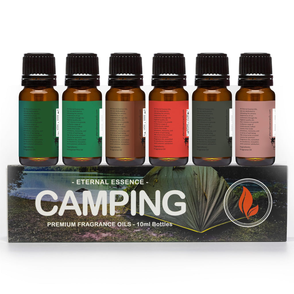 Eternal Essence Oils Camping Set of 6 Premium Fragrance Oils - Includes Warm Rustic Woods, Fire Amber, Pine, Sandalwood, Frankincense & Rain and Woodland Bay Scented Oils - 10ML