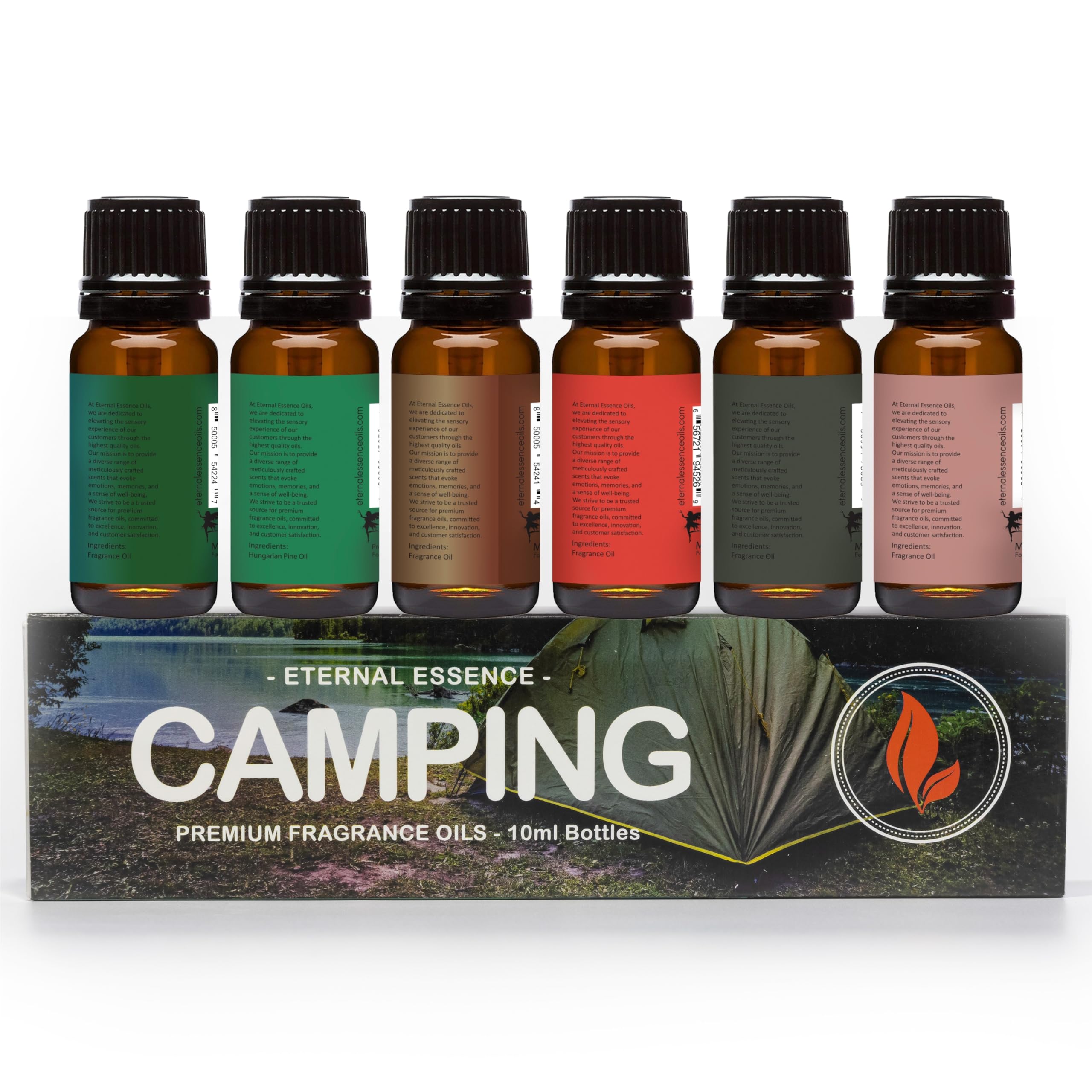 Eternal Essence Oils Camping Set of 6 Premium Fragrance Oils - Includes Warm Rustic Woods, Fire Amber, Pine, Sandalwood, Frankincense & Rain and Woodland Bay Scented Oils - 10ML