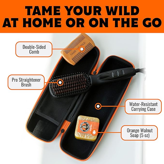 Beard Straightener for Men Kit - Includes Portable Heated Beard Brush, Beard Soap, Pearwood Comb, & Storage Case