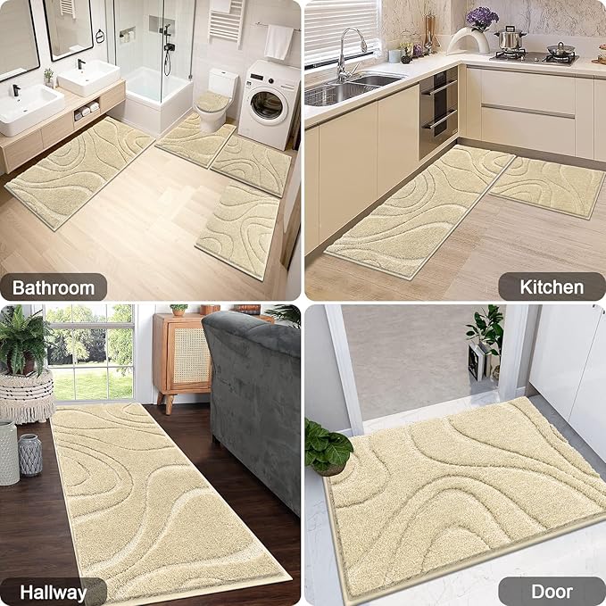 HEBE Bathroom Rugs Sets 5 Piece, Soft Absorbent Microfiber Bath Mat for Bathroom, Non Slip Washable Bath Rug Set with Toilet Cover, Bath Runner and U-Shaped Contour Toilet Rug, Beige