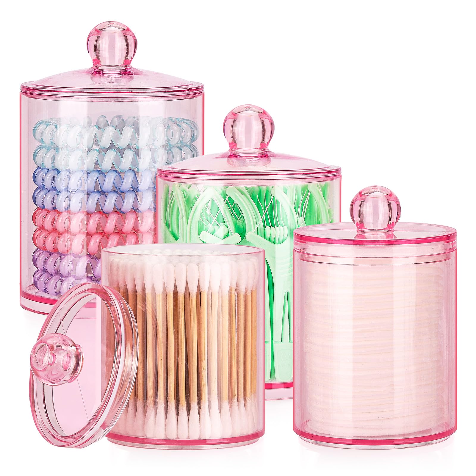Tbestmax 12 oz & 10 oz Qtip Holder - 4 Pack Restroom Bathroom Organizers and Storage Containers, Pink Plastic Apothecary Jars with Lids for Cotton Swab, Cotton Round Pads, Floss
