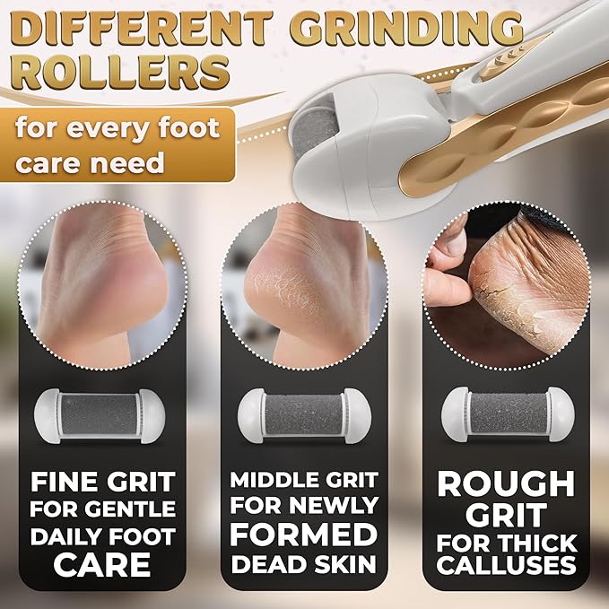 Electric Callus Remover for Feet – Electric Foot Filer with 3 Replacement Rollers & 360° Rotating Head – Hard Skin Remover for Feet with Ergonomic Handle for Easy Grip & Control in Home Pedicure