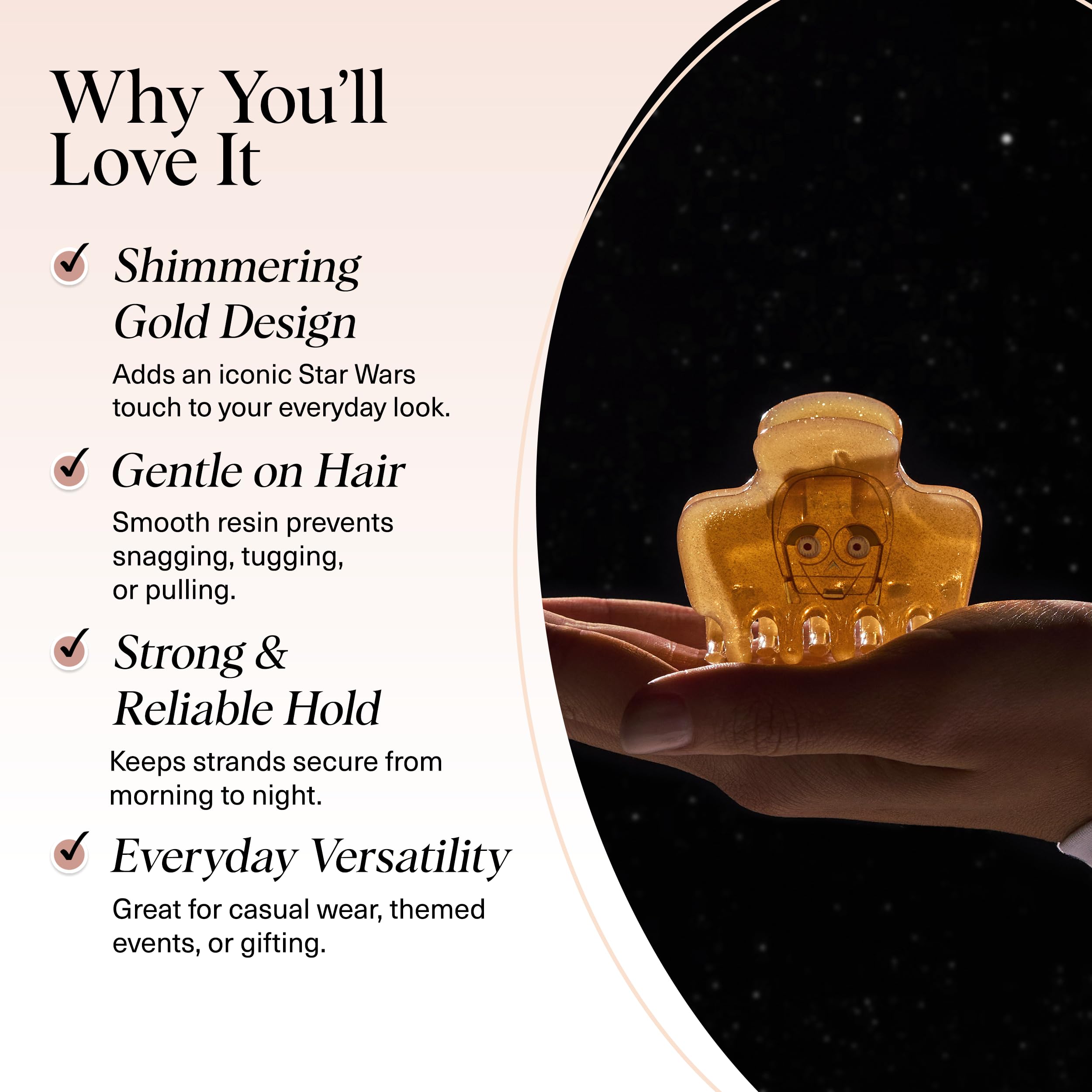 Kitsch x Star Wars C-3PO Glitter Medium Hair Clip for Women – Golden Droid Galaxy-Inspired Claw Clip | Recycled Plastic, Strong Secure Grip | Hair Accessories for Girls, 1pc