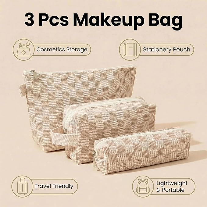 Beayuva 3 Pcs Canvas Makeup Bag Set Checkered Cosmetic Pouch for Women Travel Toiletry Bag Cute Makeup Organizer Purse Pouch Preppy Pencil Case with Zipper (Checkered Khaki)