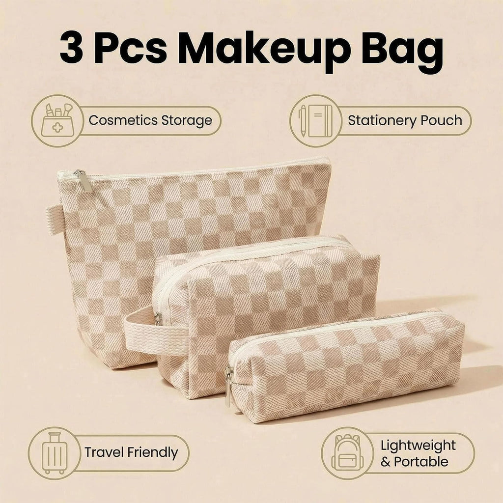 Beayuva 3 Pcs Canvas Makeup Bag Set Checkered Cosmetic Pouch for Women Travel Toiletry Bag Cute Makeup Organizer Purse Pouch Preppy Pencil Case with Zipper (Checkered Khaki)