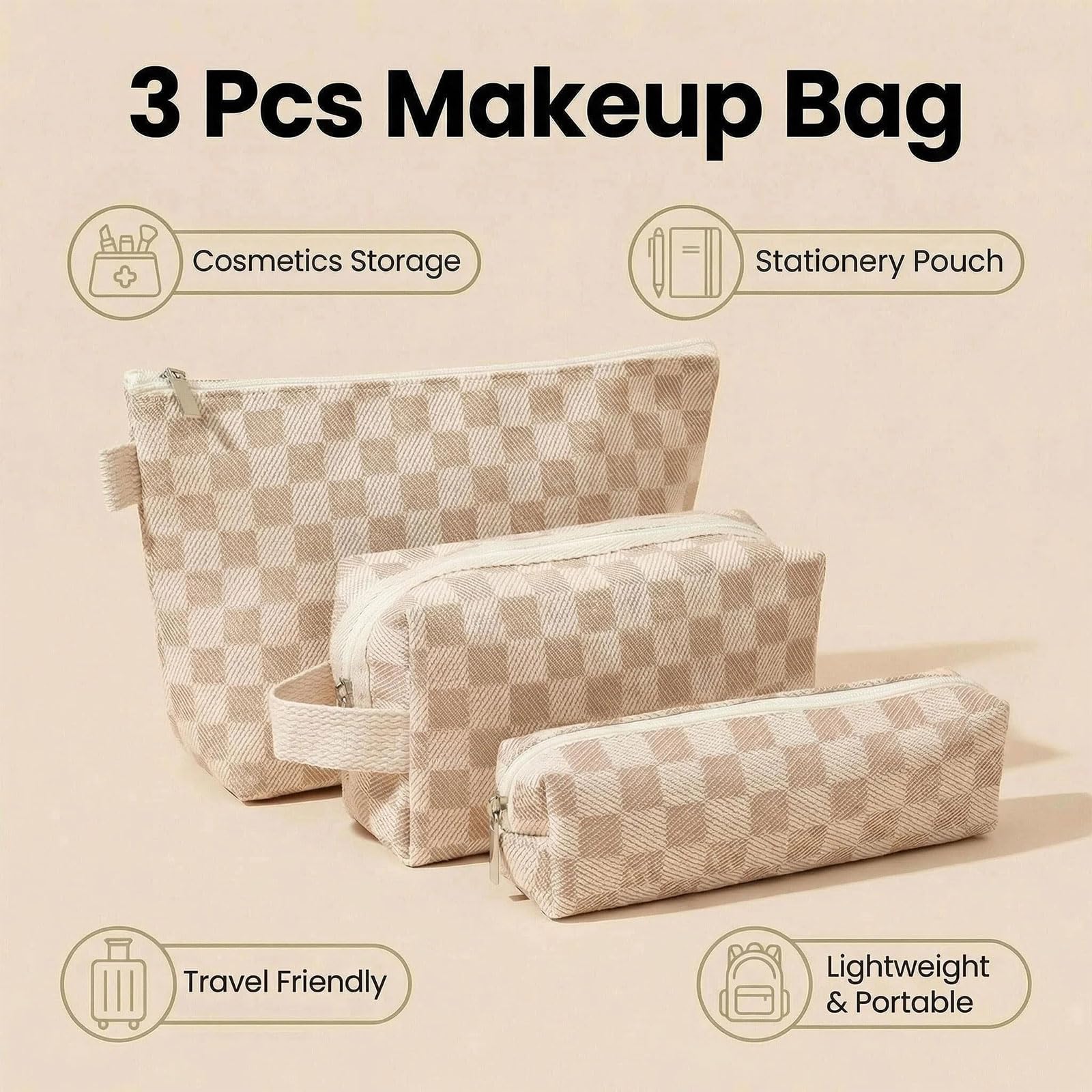 Beayuva 3 Pcs Canvas Makeup Bag Set Checkered Cosmetic Pouch for Women Travel Toiletry Bag Cute Makeup Organizer Purse Pouch Preppy Pencil Case with Zipper (Checkered Khaki)