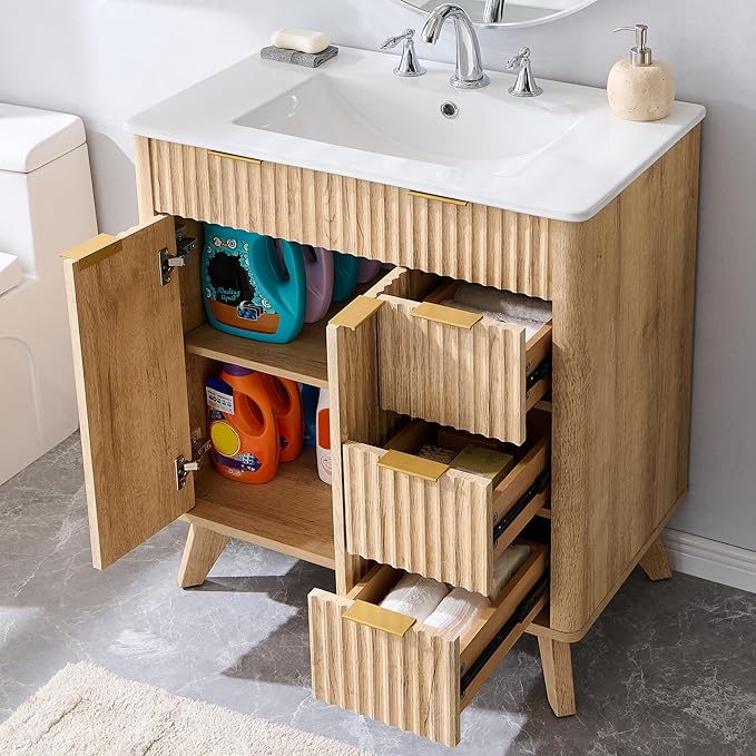 T4TREAM 30" Fluted Bathroom Vanity with Ceramic Sink Combo，Freestanding Modern Bathroom Storage Vanity Cabinet with 2 Soft Closing Doors & 3 Drawers，Wood Grain Texture，Metal Handle，Natural Oak | Fluted, Freestanding, Modern, Bathroom Storage, Vanity Ca...