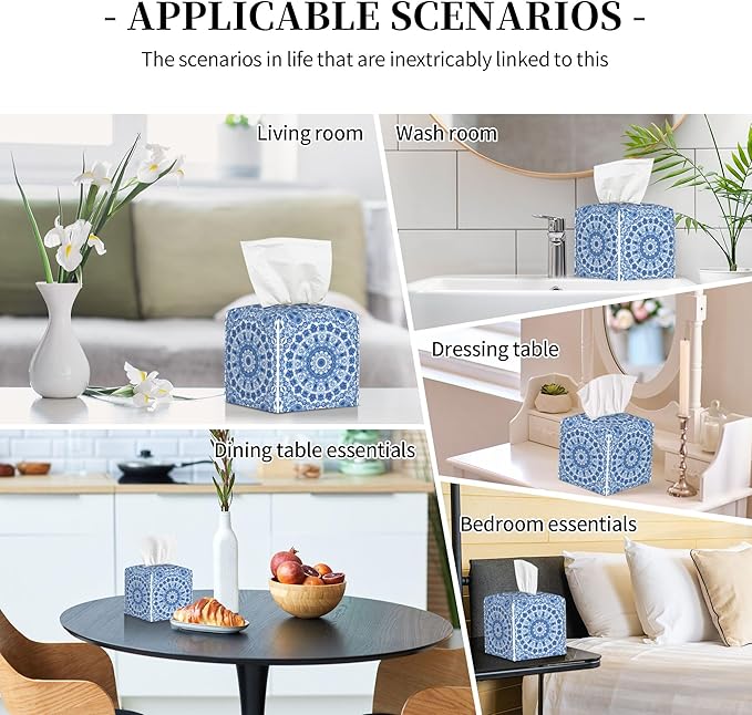 Boho Mandala Flower Tissue Box Cover Square, Blue and White Porcelain Floral Tissue Box Holder Waterproof Leather Facial Paper Organizer Dispenser for Bathroom Home Car Nightstand Vanity Desk