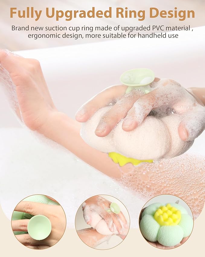 2026 Upgrade 4 Pcs Super Soft Flower-Shaped Suction Cup Bath Sponge, Upgraded 2-in-1 Flower-Shaped Ball Exfoliating Bath loofah Cleaning Brush, Mesh Shower Body Sponge for Shower