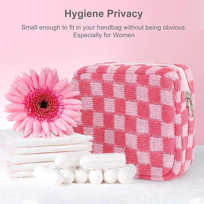 CekPo Sanitary Napkin Storage Bag, Menstrual Pad Zipper Bag Checkered Portable Period Bag Panty Liners, Tampon Storage Pouch for Women Ladies Daily Use Storage Purse Travel