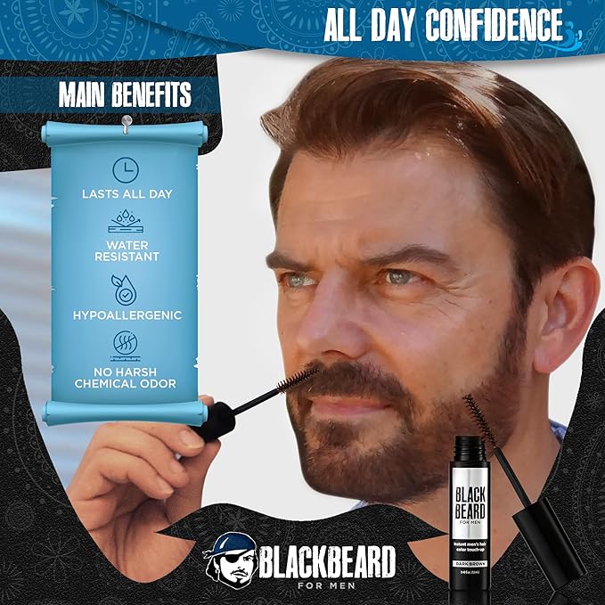 Blackbeard for Men Beard Color – 1-Day Beard, Mustache, Eyebrow, Sideburns Color – Temporary Facial Hair Tint - Hypoallergenic Beard Dye Alternative – Up to 45 applications – Dark Brown, 3 Pack