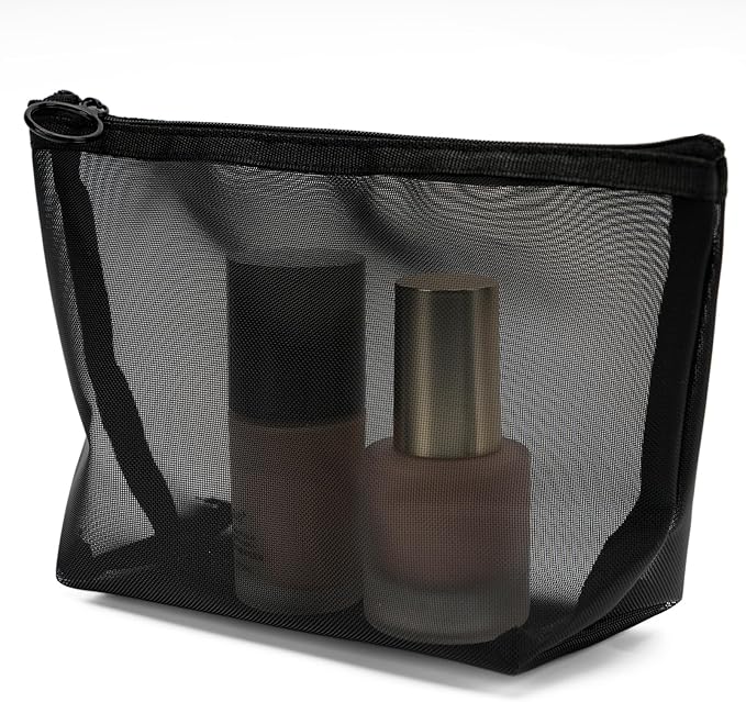 TOPASION Portable Mesh Makeup Bag with Zipper Small Travel Toiletry Bag Lightweight Cosmetic Pouch (Black 3 Piece Set)