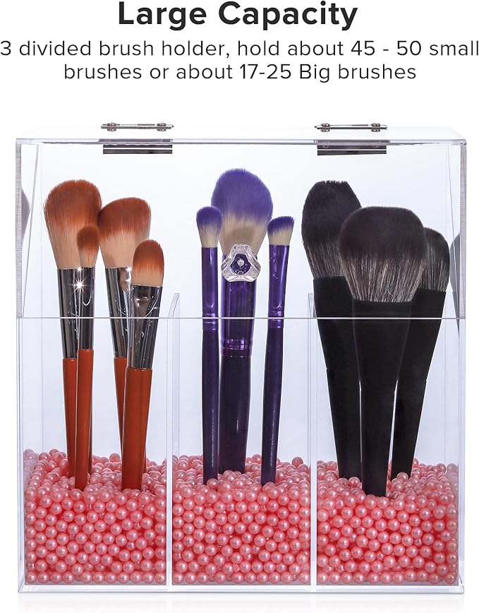 LOHRYVIO Acrylic Makeup Brush Holder with Lid - Clear Cosmetic Makeup Brush Organizer and Storage Box with Cover for Vanity - Large Capacity 3-Slots Container for Brushes (Clear)