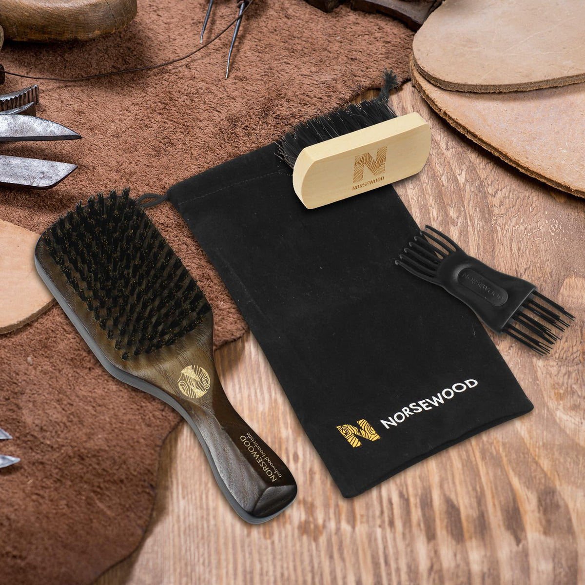 NORSEWOOD Boar Bristle Brush for Shine and Texture - Stiff Bristles for Medium Hair/Beards, Cleaning Brush Included