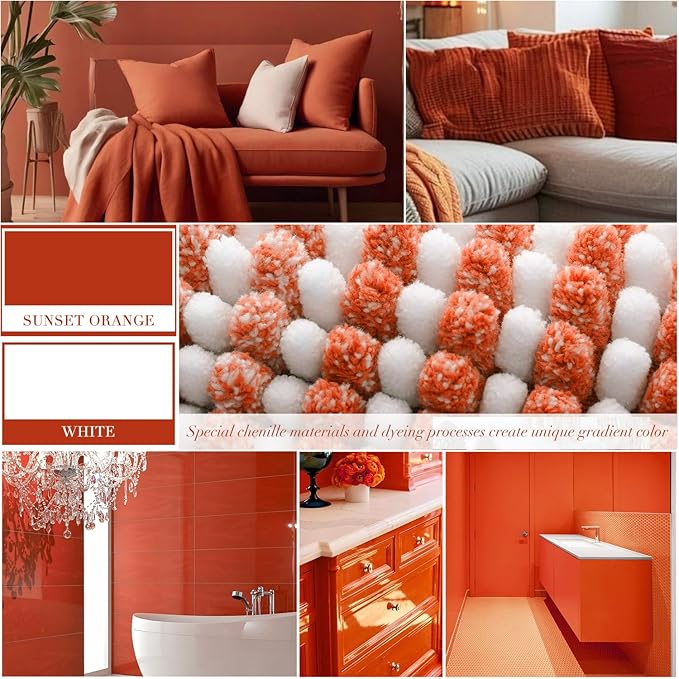 Bathroom Rugs and Mats Sets, 2 Piece Thick Absorbent Chenille Bath Mat Rug Set Non Slip, Soft Shaggy Bath Room Floor Mats for Bathroom, Machine Washable (Sunset Orange, 20" x 47" Plus 16" x 24")