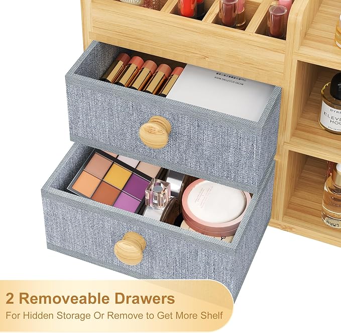 Large Makeup Organizer Countertop For Vanity Dresser, Bamboo Bathroom Counter Organizers And Storage,Cosmetic Skincare Perfume Organizer With 3 Makeup Brush Holder/2 Drawers/5 Shelves /8 Compartments
