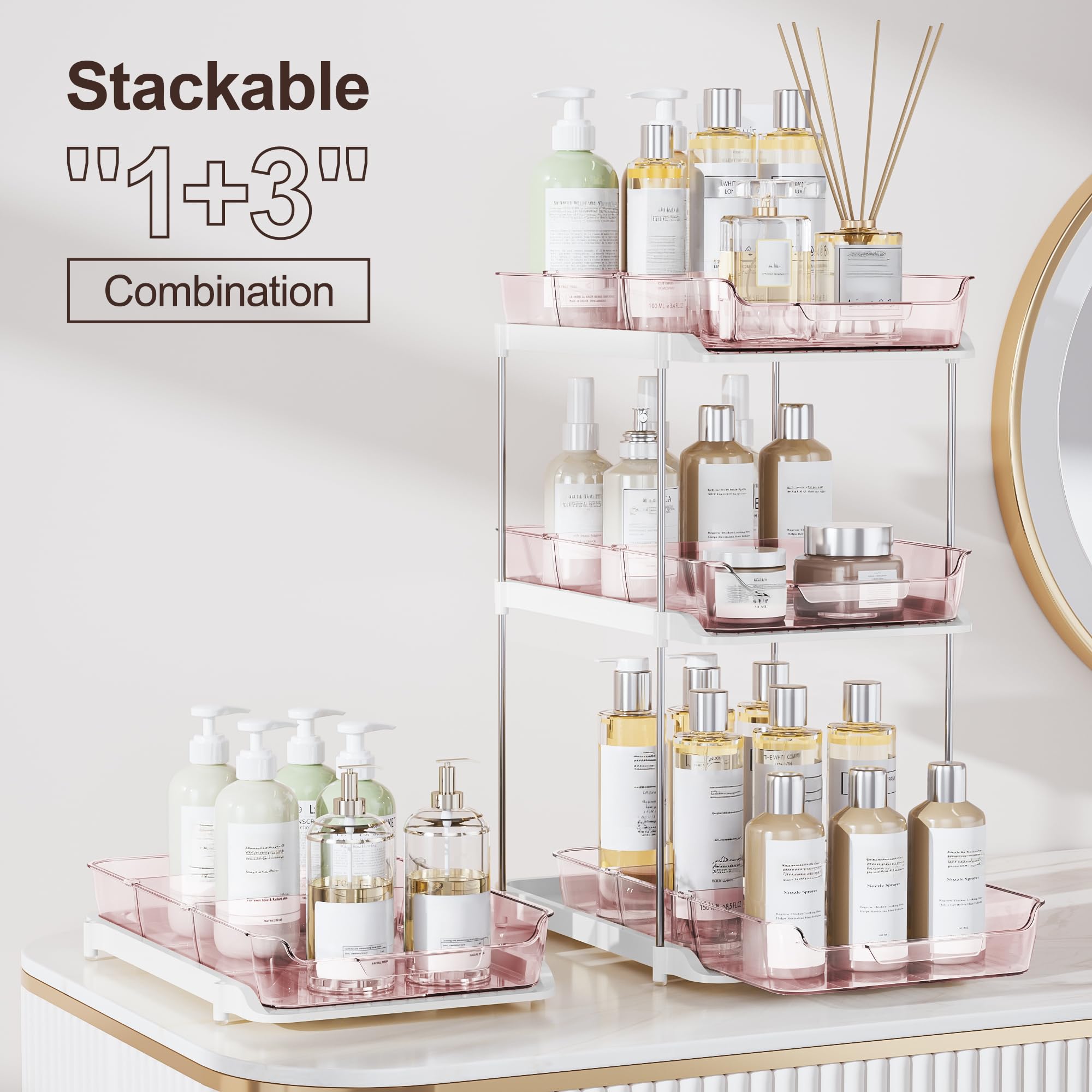 Delamu 2-Tier Multi-Purpose Bathroom Under Sink Organizers and Storage, Stackable Kitchen Pantry Organization, Pull Out Medicine Cabinet Organizer with Movable Dividers, Light Pink, 2 Pack
