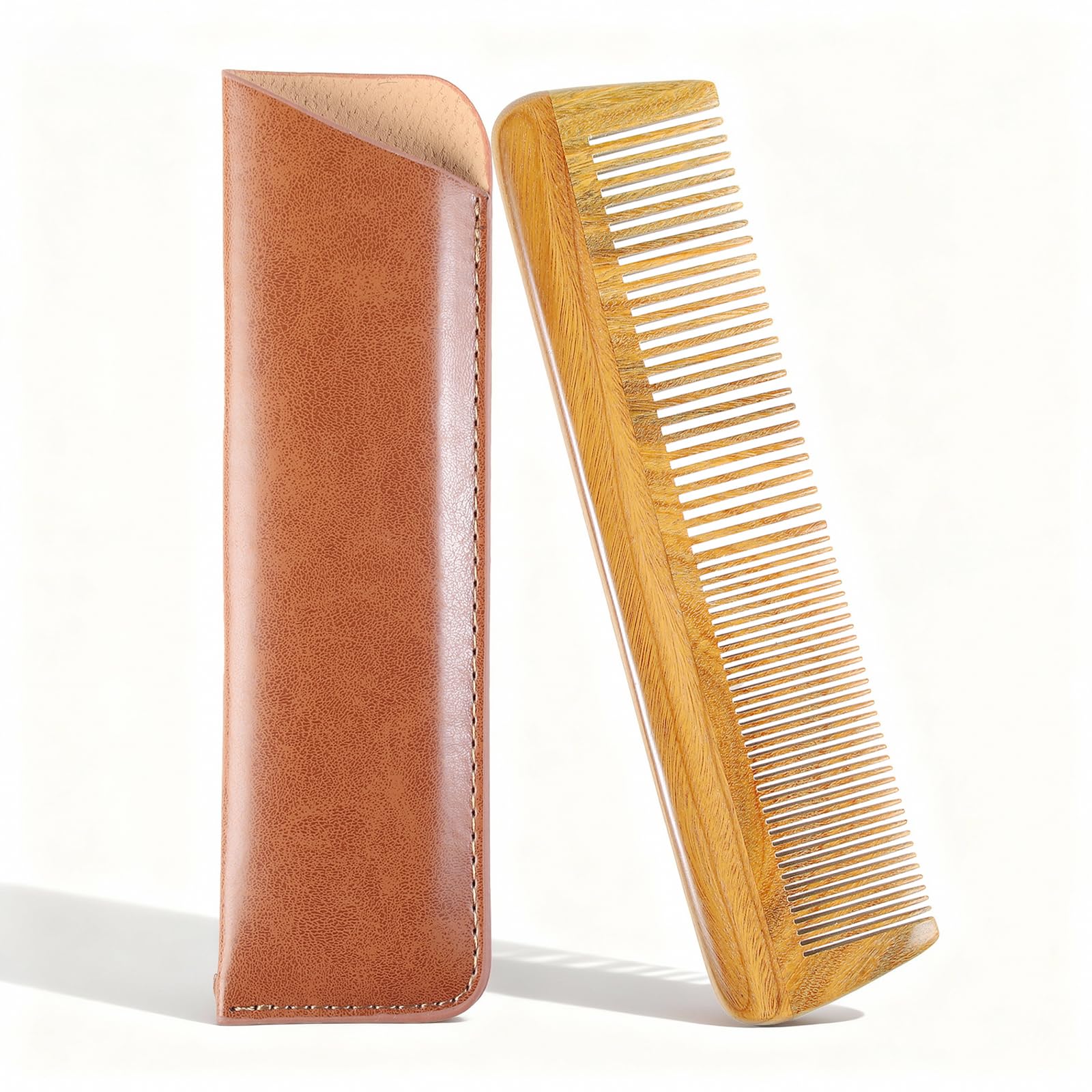 Onedor Handmade 100% Natural Green Sandalwood Wooden Comb for Men Hair, Beard, and Mustache Styling Pocket Comb With Leather Case (Long)
