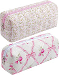 HHQQWZ Cute Floral Cotton Makeup Brush Cosmetic Bag for Women, Travel Quilted Zipper Make Up Bag, Flowers Toiletry Organizer Case Kawaii Makeup Cosmetic Travel Cloth Pouch (Pink+Pink Bowknot)