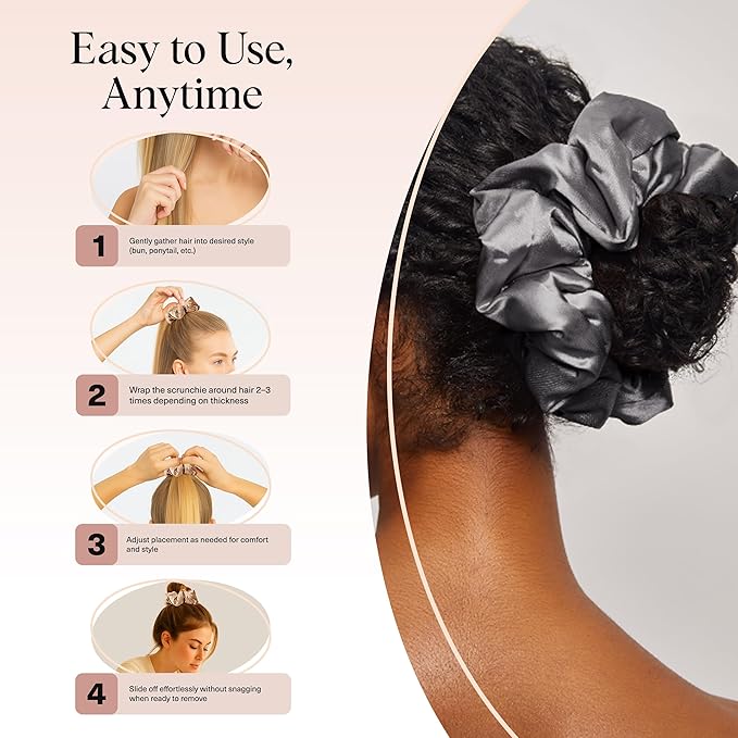 Kitsch Satin Scrunchies for Women - No Crease, Frizz Control | Softer Than Silk Scrunchies Gentle On Hair Scrunchies for All Hair Types | Stylish Hair Accessories - Charcoal & Gold, 2pcs