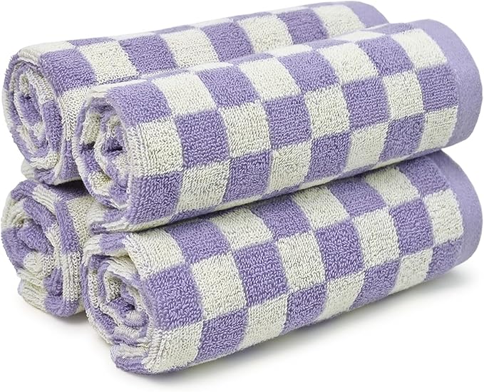 Wash Cloths Checkered 4 Pack (Lilac) - Cotton Washcloths for Face Body