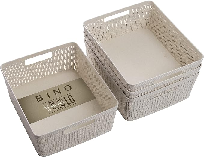 BINO | Woven Plastic Basket | Large (Natural Grey), 3-Pack | THE JUTE COLLECTION | Home Organization, Space - Saving Storage, Stylish Design | Jute Basket | Plastic Storage Basket