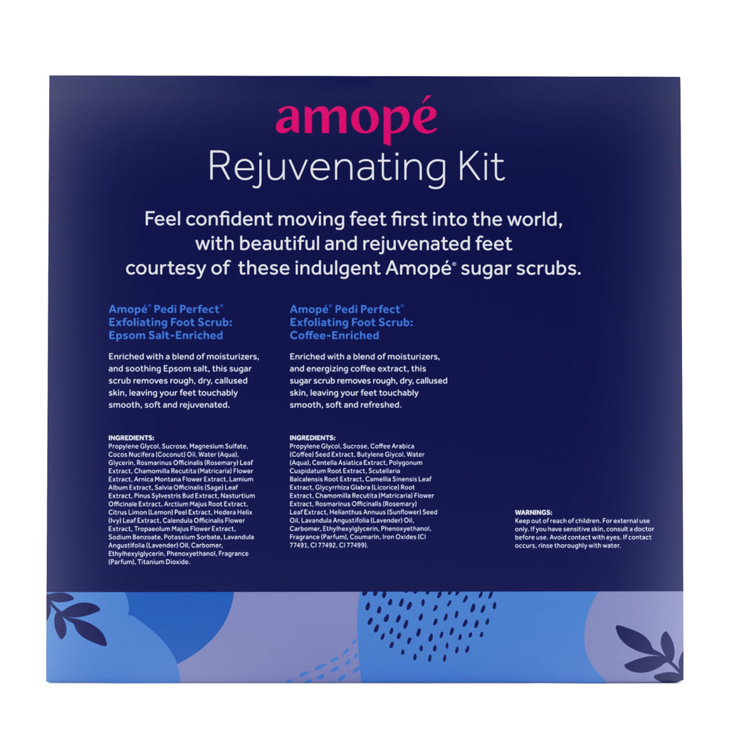 Amopé Rejuvenating Kit - Contains Exfoliating Sugar Foot Scrubs with Epsom Salt, Coffee and a Nourishing Blend of Moisturizers to Rejuvenate, Smooth, Soothe & Relax your Feet, with Foot & Leg Scrubber