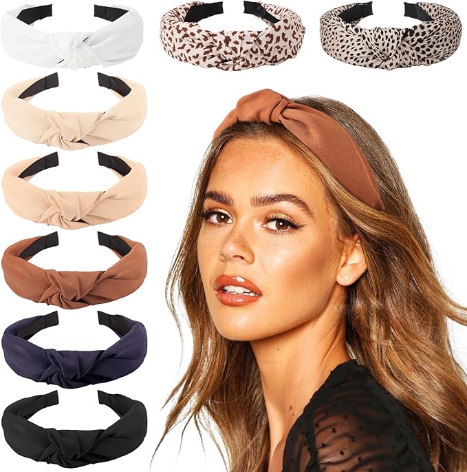 DRESHOW 8 Pack Knotted Headbands for Women Wide Turban Headband Printed Plastic Head Band Fashion Boho Hairbands Non Slip Hair Accessories