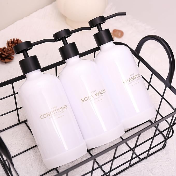 Janxin Shampoo and Conditioner Dispenser Set of 3,Refillable 21oz Shampoo Bottles with Non-Slip Protective Silicone Pad,Shower Soap Dispenser with Waterproof Labels for Bathroom (White)