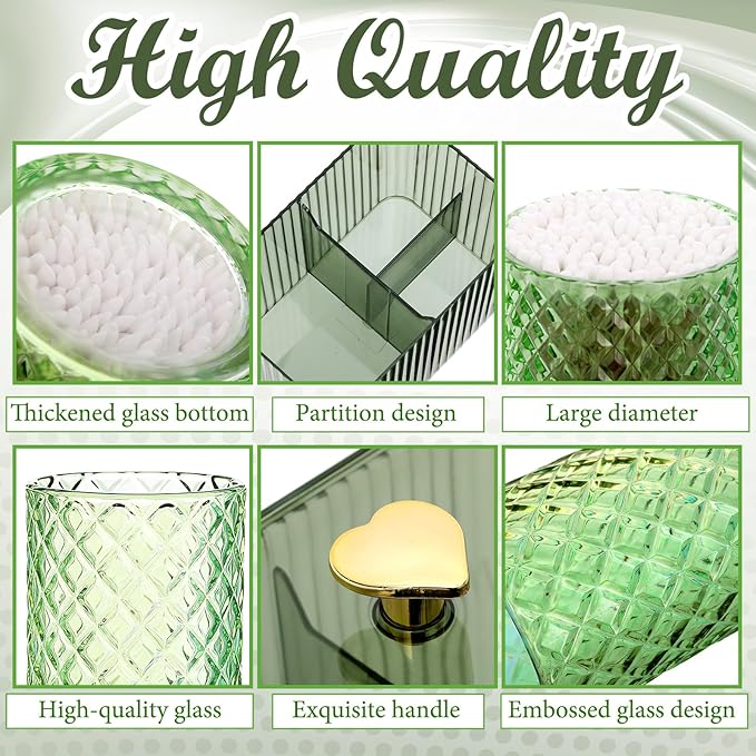 3 Pcs Qtip Holder Dispenser Bathroom Set Cotton Ball Holder Cotton Swabs/ball Storage Box 3 Grids Partition Cosmetics Storage Dispenser for Vanity Tray Candy Container Jar For Home(Green)
