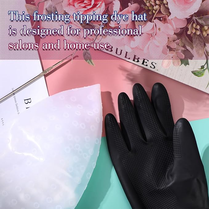 Silicone Highlight Cap with Hook and Gloves Hair Highlighting Kit Hair Dye Coloring Cap Reusable Pull Through Frosting Accessories for Salon Home Hairdressing