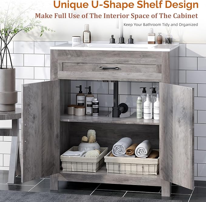 VINGLI 30" Farmhouse Bathroom Vanity with Sink, Undermount Vanity Sink Cabinet with Barn Door &Shelf,Free Standing Small Bathroom Storage Cabinet with 3 Holes Ceramic Basin Combo Set,Washed Gray