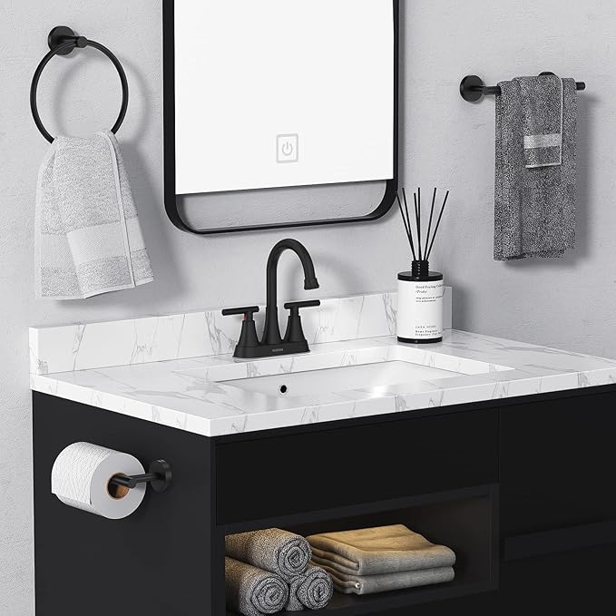 Bathroom Faucets for Sink 3 Hole, Hurran 4 inch Matte Black Bathroom Sink Faucet with Pop-up Drain and 2 Supply Hoses, Stainless Steel Lead-Free Centerset Faucet for Vanity RV, 2 Pack