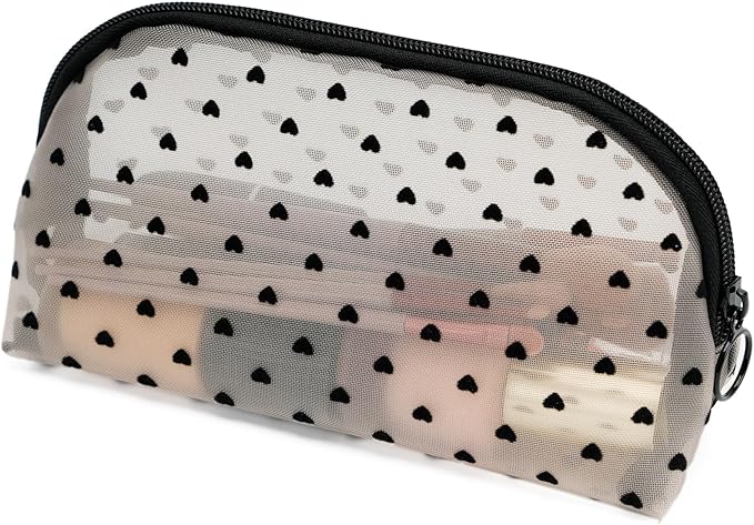 TOPASION Portable Mesh Makeup Bag with Zipper Small Travel Toiletry Bag Lightweight Cosmetic Pouch (Beige&Black Heart Half Round)