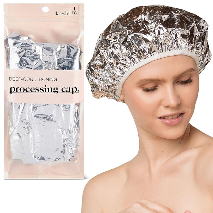 Kitsch Aluminum Foil Heat Cap for Deep Conditioning - Reusable Hair Streamer For Coloring, Perm & Treatment, Heat Cap with Elastic Band, Deep Conditioning Hair Cap, Shower Cap for Sauna, Shower & Spa