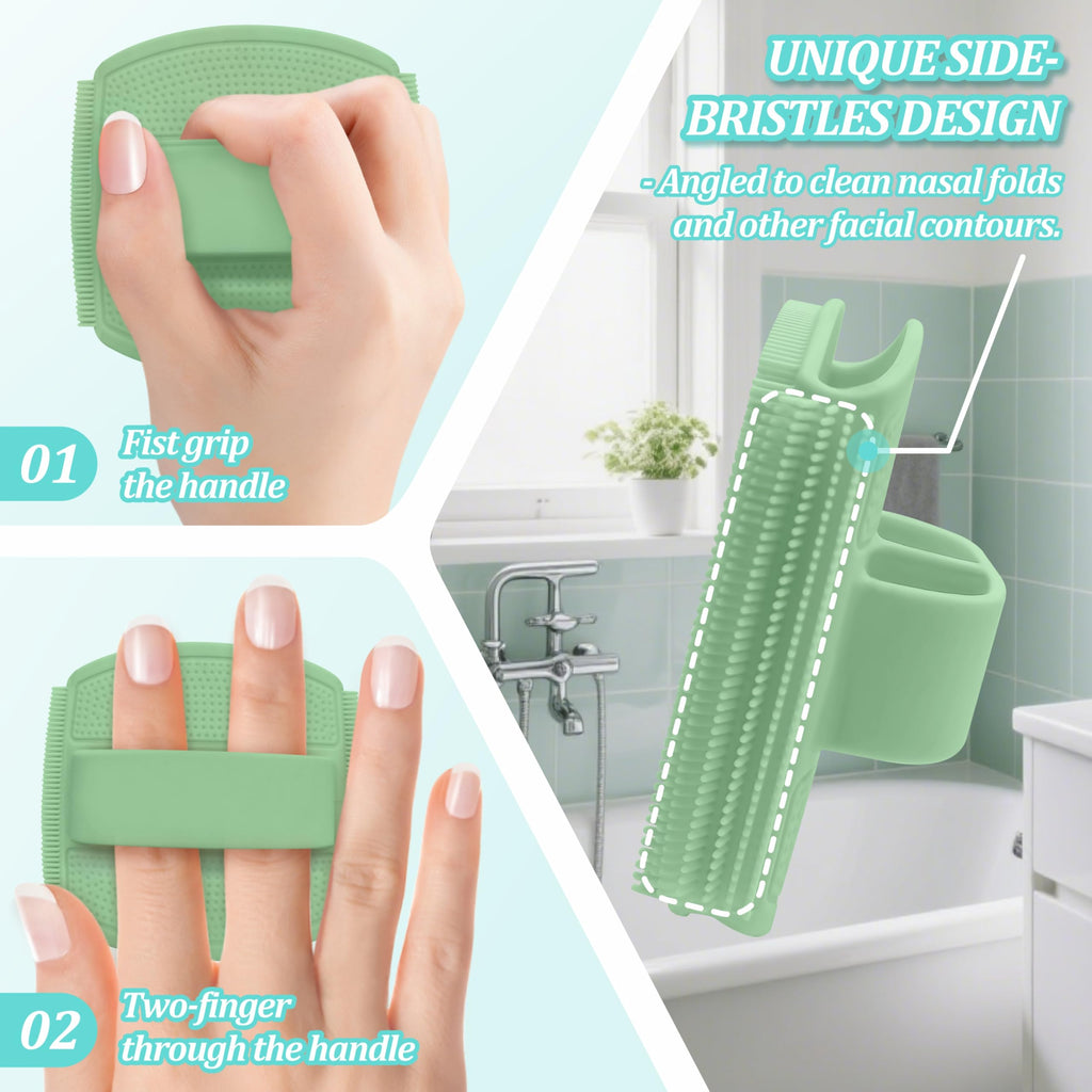 GEENOA Silicone Bath Glove & Face Scrubber Set 2PCS, 360° Anti-Slip & Hand-fit Body Scrubber for Rich Foaming Deep Cleaning, Unique Facial Scrubber with Side-bristles for Contoured Areas.(Green)