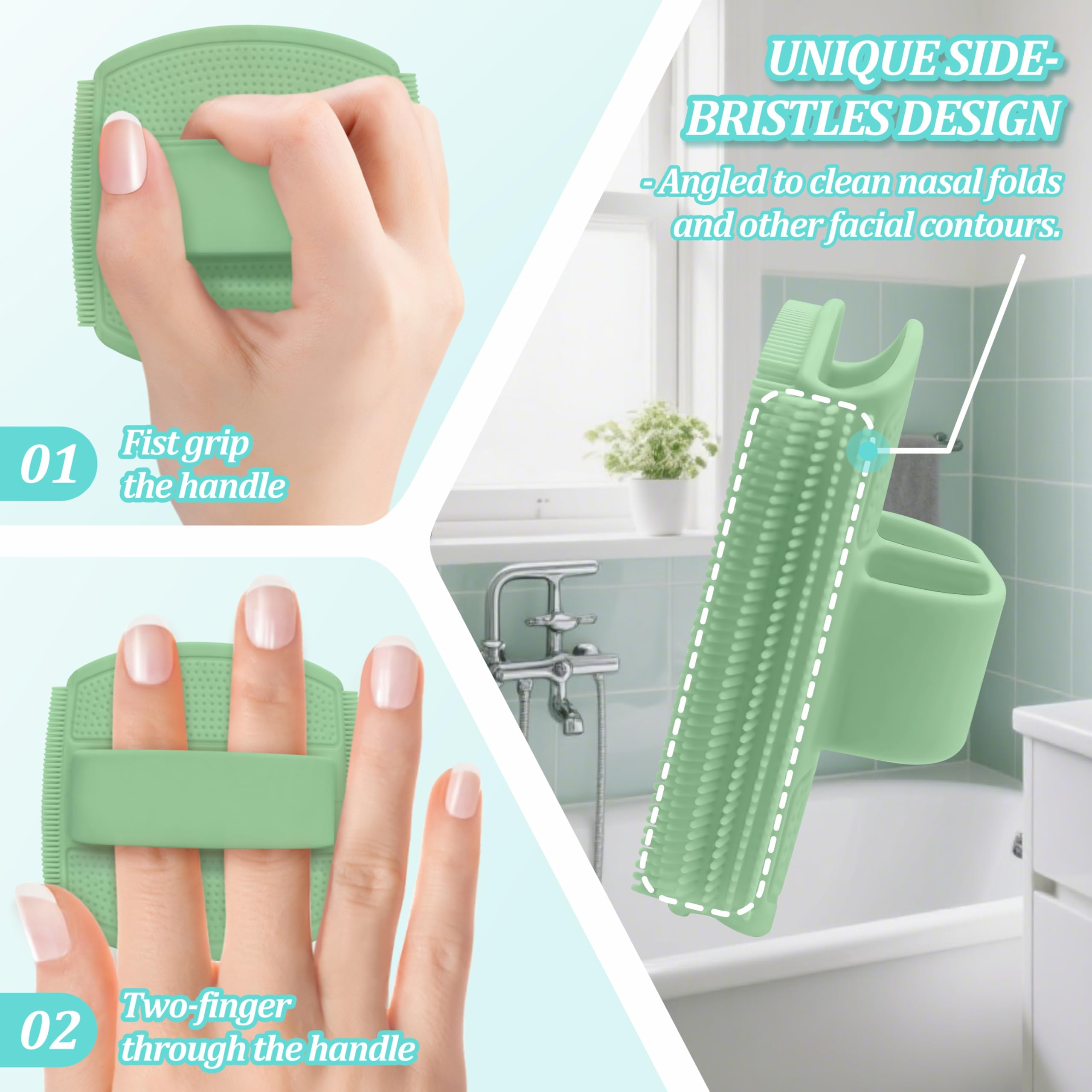 GEENOA Silicone Bath Glove & Face Scrubber Set 2PCS, 360° Anti-Slip & Hand-fit Body Scrubber for Rich Foaming Deep Cleaning, Unique Facial Scrubber with Side-bristles for Contoured Areas.(Green)