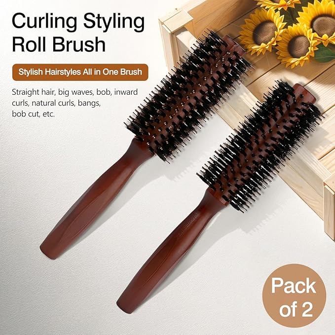 Round Boar Bristle Hair Brush with Wooden Handle Ideal for Styling Medium to Long Hair Thick, Fine, Curly, Or Straight Hair, Enhances Volume and Shine, Brown