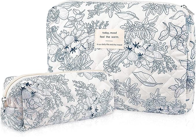 Gosect 2PC Makeup Bag Set, Cute Cosmetic Bag for Women Girls, Floral Coquette Aesthetic Toiletry Bag, Travel Make Up Organizer Bag (Navy Blue)