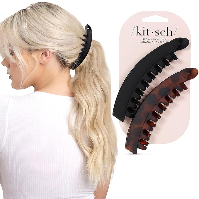 Kitsch Banana Clips For Women - Retro 80s Style Banana Hair Clips | Secure & Durable, No Crease Hair Accessories for Women | Styling, Ponytails & Updos - Black & Tort, 2pcs